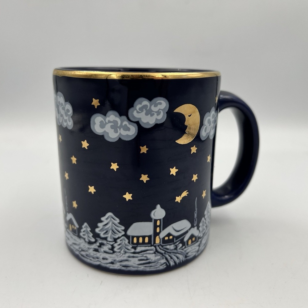 VTG Waechtersbach Mug Cup Winter Dreams 12oz Starry Night W Germany Blue Gold